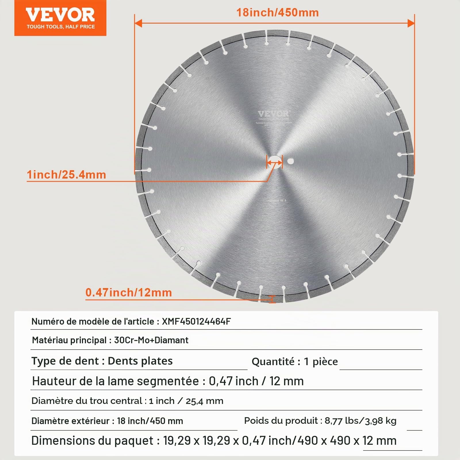 VEVOR Disque à Tronçonner Diamanté 450 mm, Disque Diamant Humide ou Sèche, Lame de Scie à Béton avec Dents Plates de 12 mm, Diamètre du Trou Central Universel 25,4 mm, pour Béton, Carrelage, Brique
