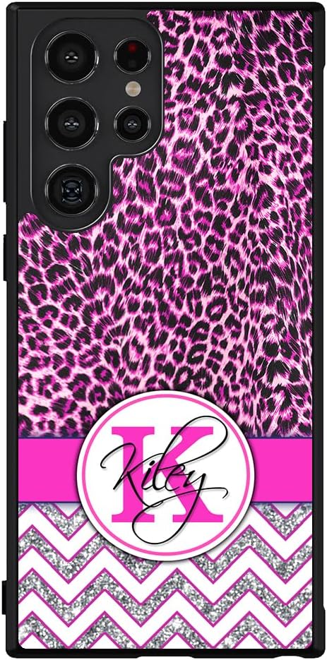 Pink Leopard Skin Personalized Black Rubber Phone Case Compatible With Samsung Galaxy S25 S25+ S25 Ultra S24 S24+ S24 Ultra S24FE, S23 FE S23+ Ultra S22 S22+