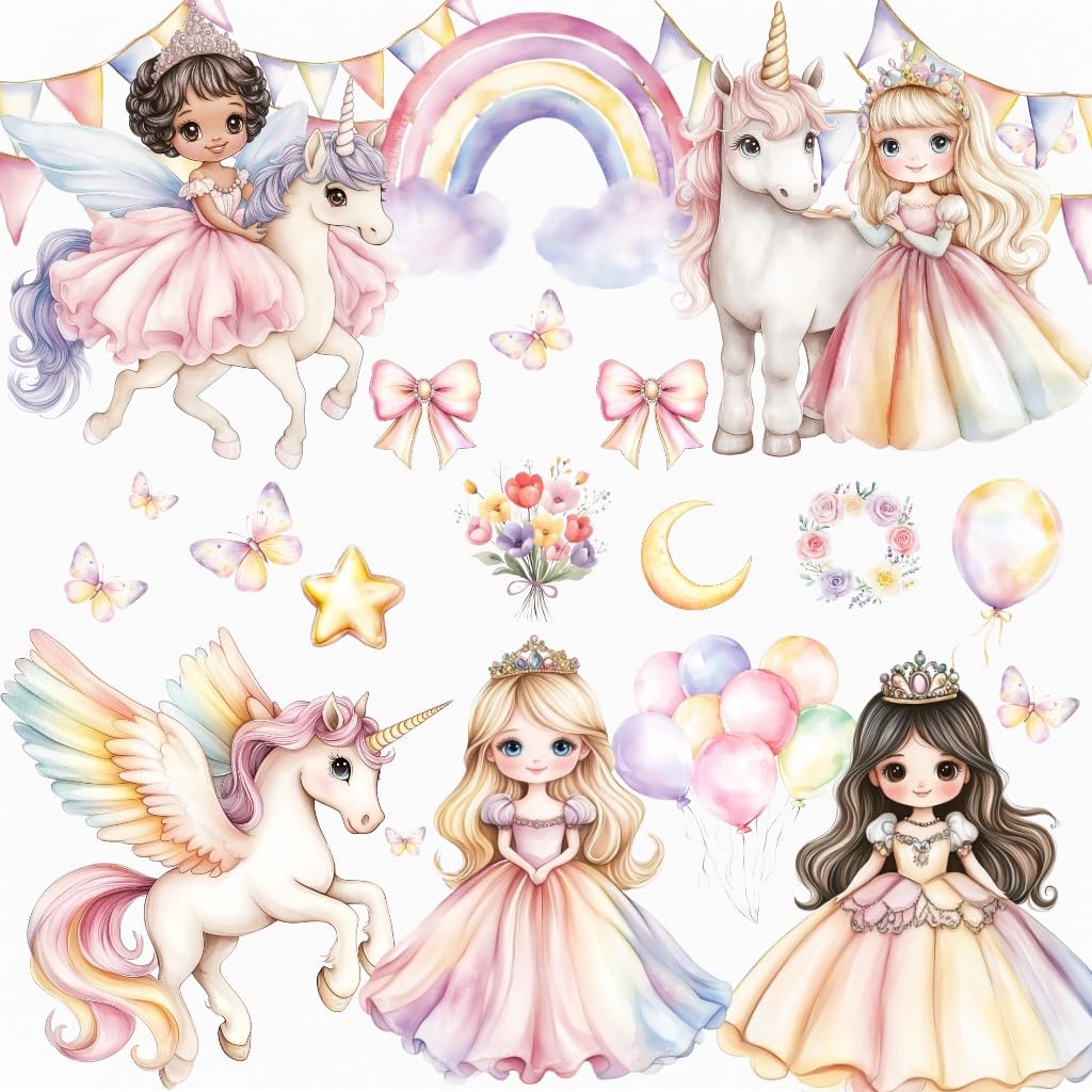 Princess and Unicorn Wall Stickers - Rainbow Girls Bedroom Wall Decals, Removable Nursery Decor, Pastel Fairy Tale Wall Art, 6 A4 Sheets