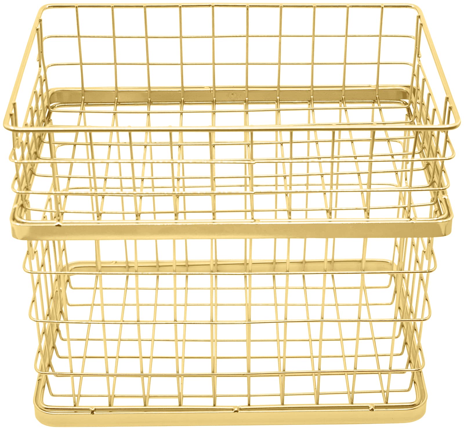 Juego de 2 cestas apilables de alambre de metal de 10 pulgadas con asas (base de malla ancha dorada)