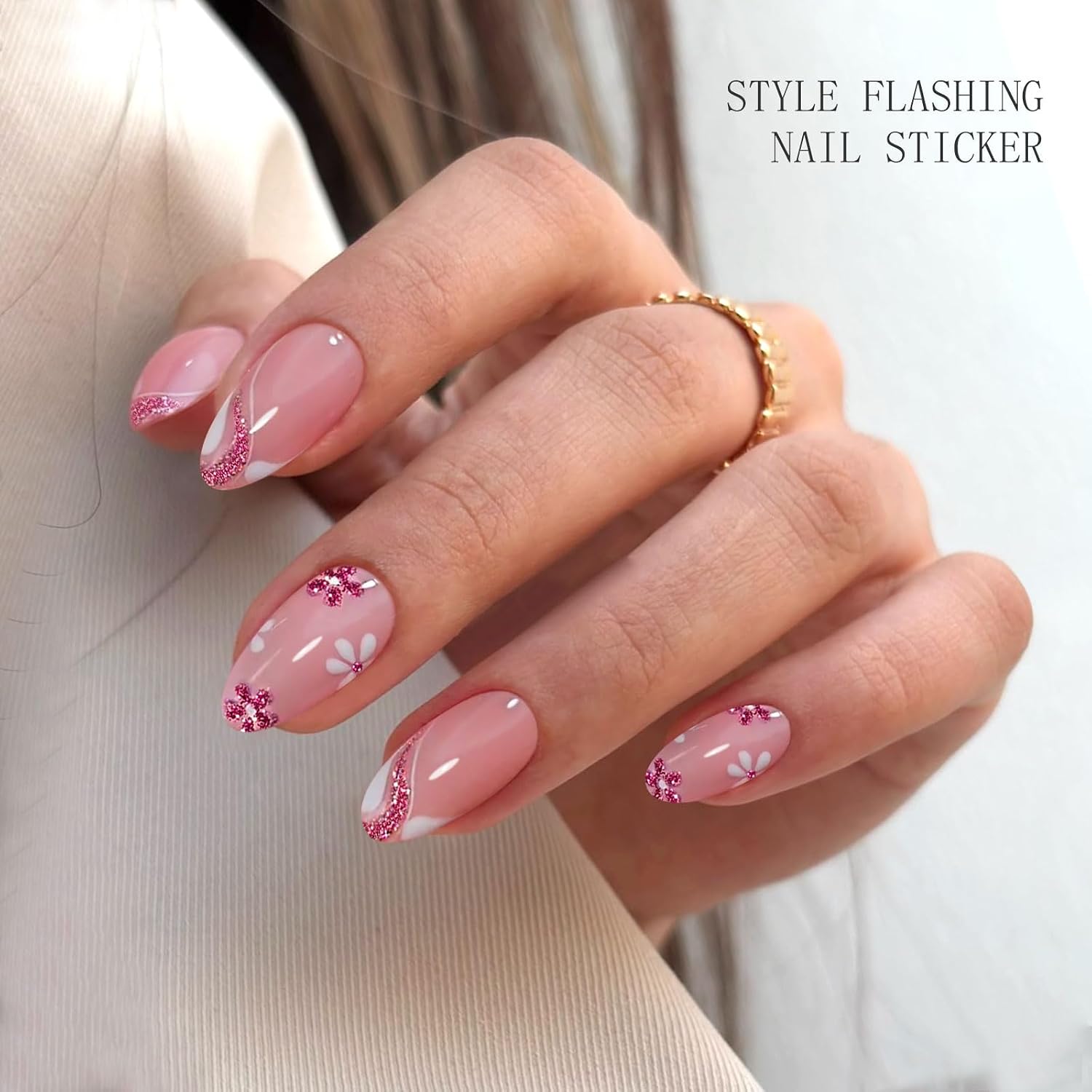 JMEOWIO Semi Cured Gel Nail Strips Glitter Flower Gel Nail Stickers Wraps UV/LED Nails Art Design Decoration Accessories