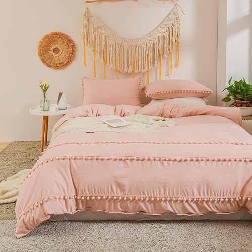 Juego de funda de edredón de microfibra lavada suave con bolas bohemias de fácil cuidado tamaño individual matrimonial Queen y King