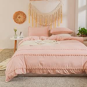 Jolusere Blush Pink Duvet Cover Set Queen Size Triple Ball Fringe Comforter Cover - View #2