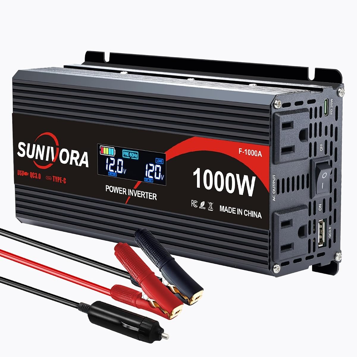 1000 Watt Car Power Inverter 12V DC to 110V/120V AC Converter 2000W Peak with LCD Display, 2 AC Outlets & PD Type-C & USB 3.0, Car Plug in Adapter Outlet Supplies Power to Appliances on Car Boat