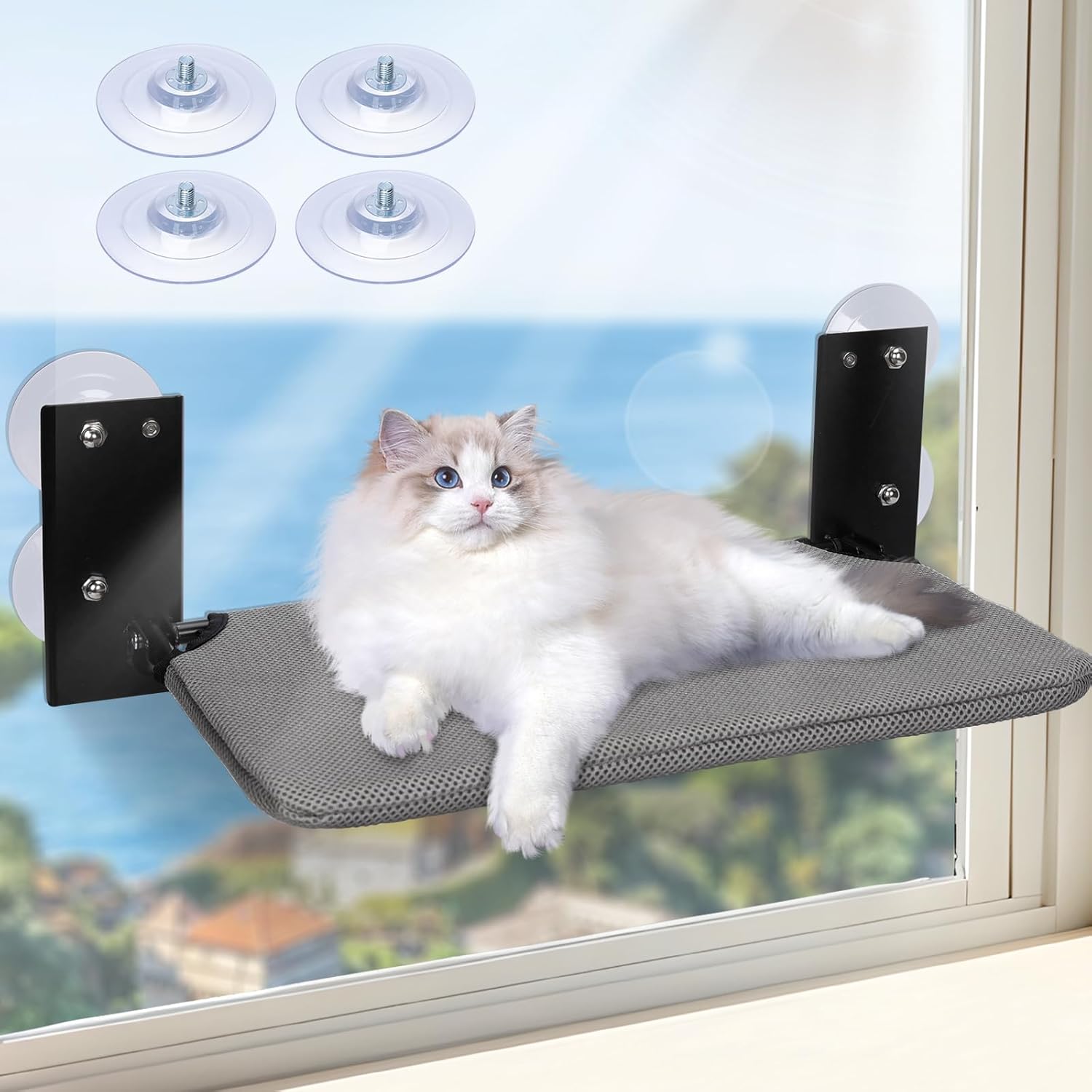Topmart Cordless Cat Window Perch, Foldable Cat Hammock with 4 Strong Suction Cups, Window Cat Bed with Washable Cover