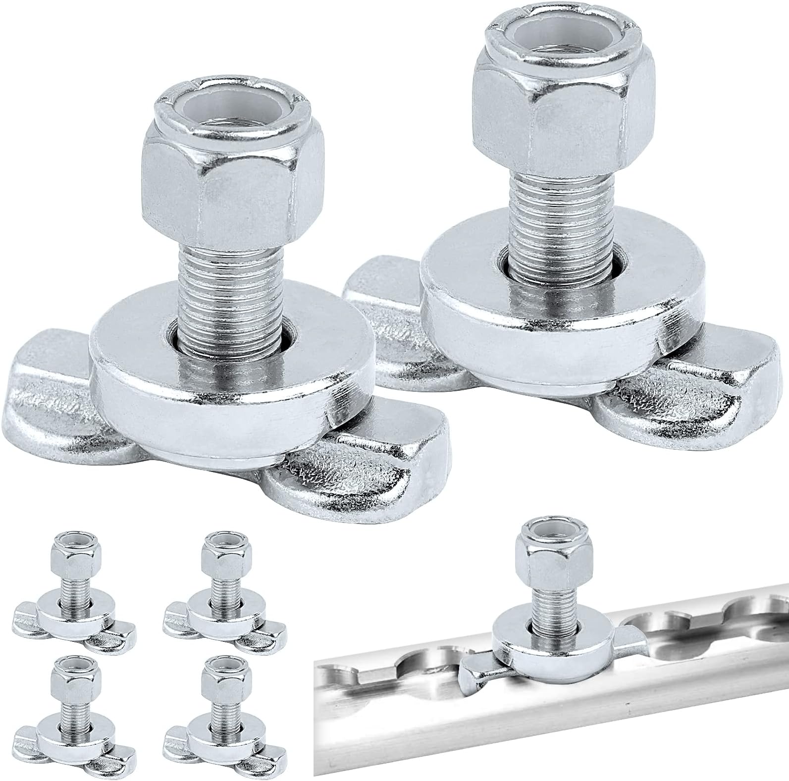 L-Track Double Lug Threaded Stud Nut Fitting Tie Down, Used with L Track Rails for Truck Bed or Trailer Cargo Control, Bearing 6000 LBS Heavy Duty Steel, Pack of 6, Silver