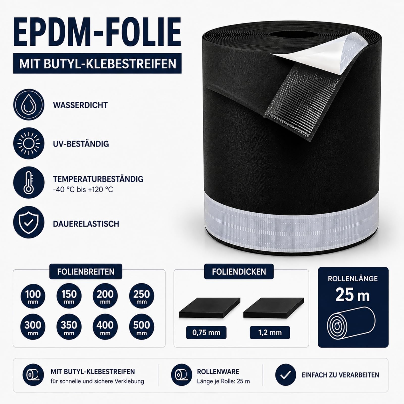 EPDM24 - Pellicola in gomma per tetto, impermeabile, in muratura, 25 m, con striscia adesiva butilica, 150 mm x 1,2 mm
