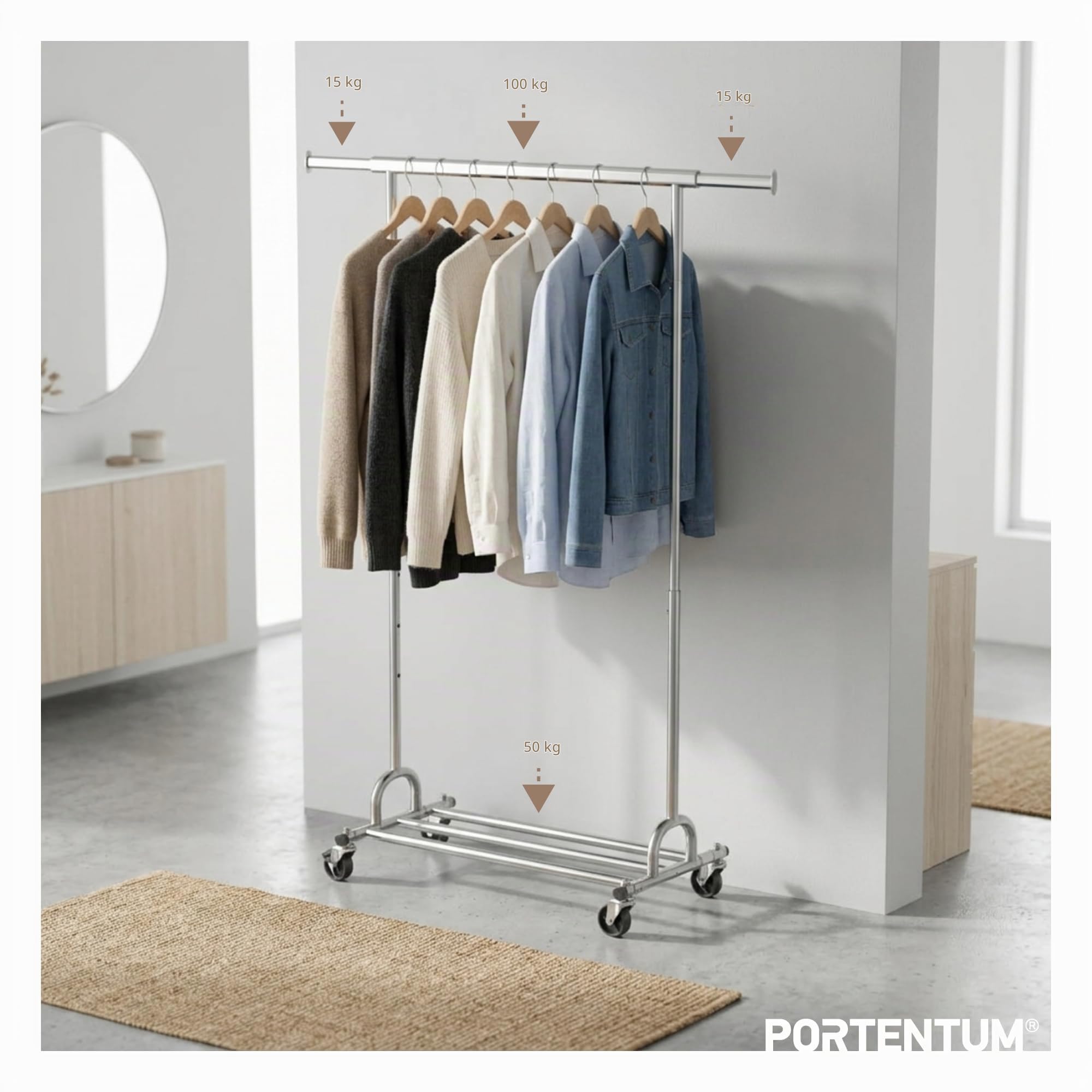 PORTENTUM Portant a vetement solide extensible avec roues et freins – Hauteur réglable entre 149 et 174 cm – Jusqu'à 180 kg de charge – Penderie en acier 45 x (92–132) cm de largeur