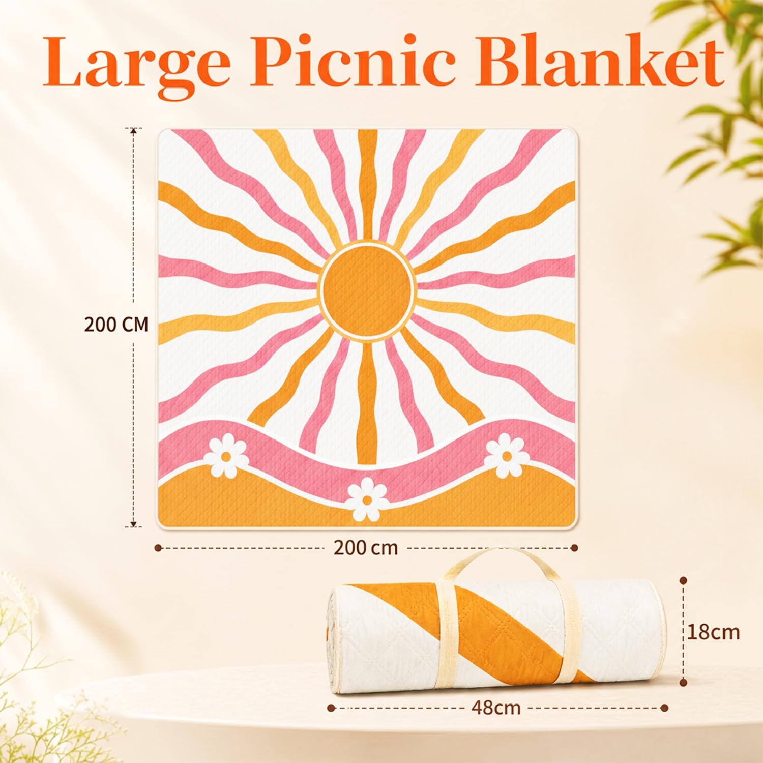 Sunflower Tapis et Couverture de Pique-Nique 200x200cm Grand Imperméable Anti-Sable – Natte de Plage Lavable, Pliable et Portable pour Camping, Parc, BBQ, Voyage – Nappe de Sol pour Extérieur