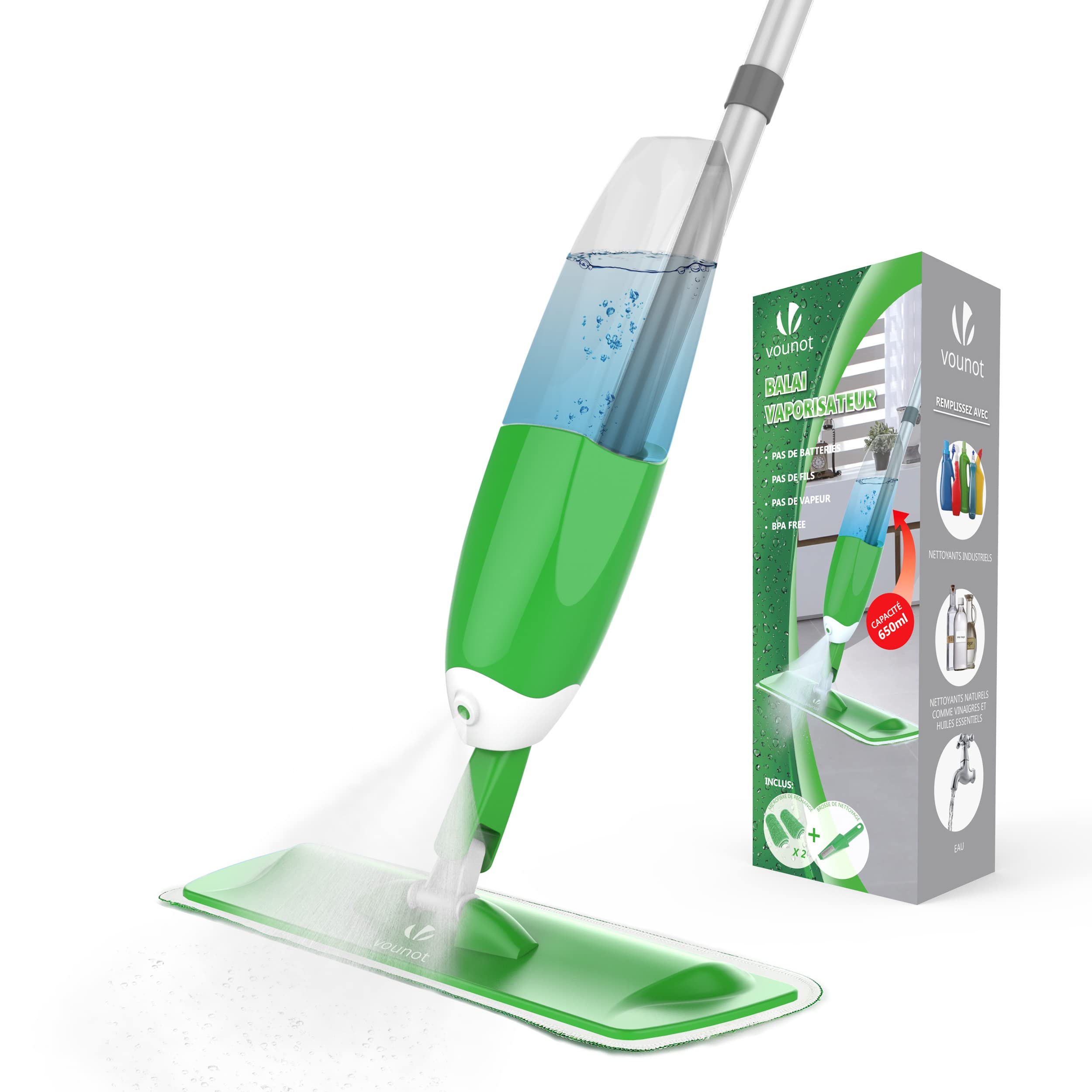VOUNOT® Spray Mop for Cleaning Floors, Microfibre Mop with 2 Washable Pades & 650ml Refillable Bottle, 360 Degree Spin for Hardwood, Marble, Tile, Laminate, Green