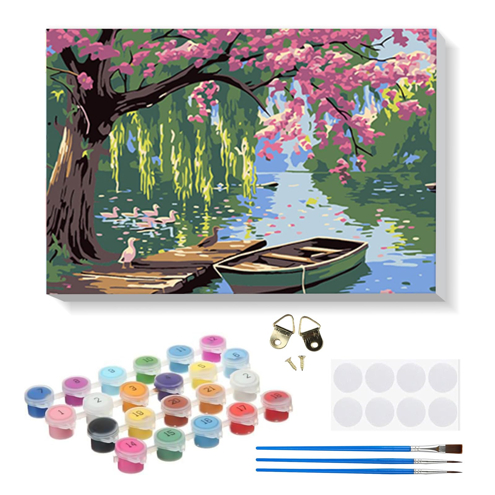 RICUVED Lake Painting by Number Kits for Adult, DIY Landscape Canvas Oil Painting Kit for Kids or Beginner with Paint Brushes Acrylic Pigment Drawing Paintwork with Wooden Frame 20x30cm