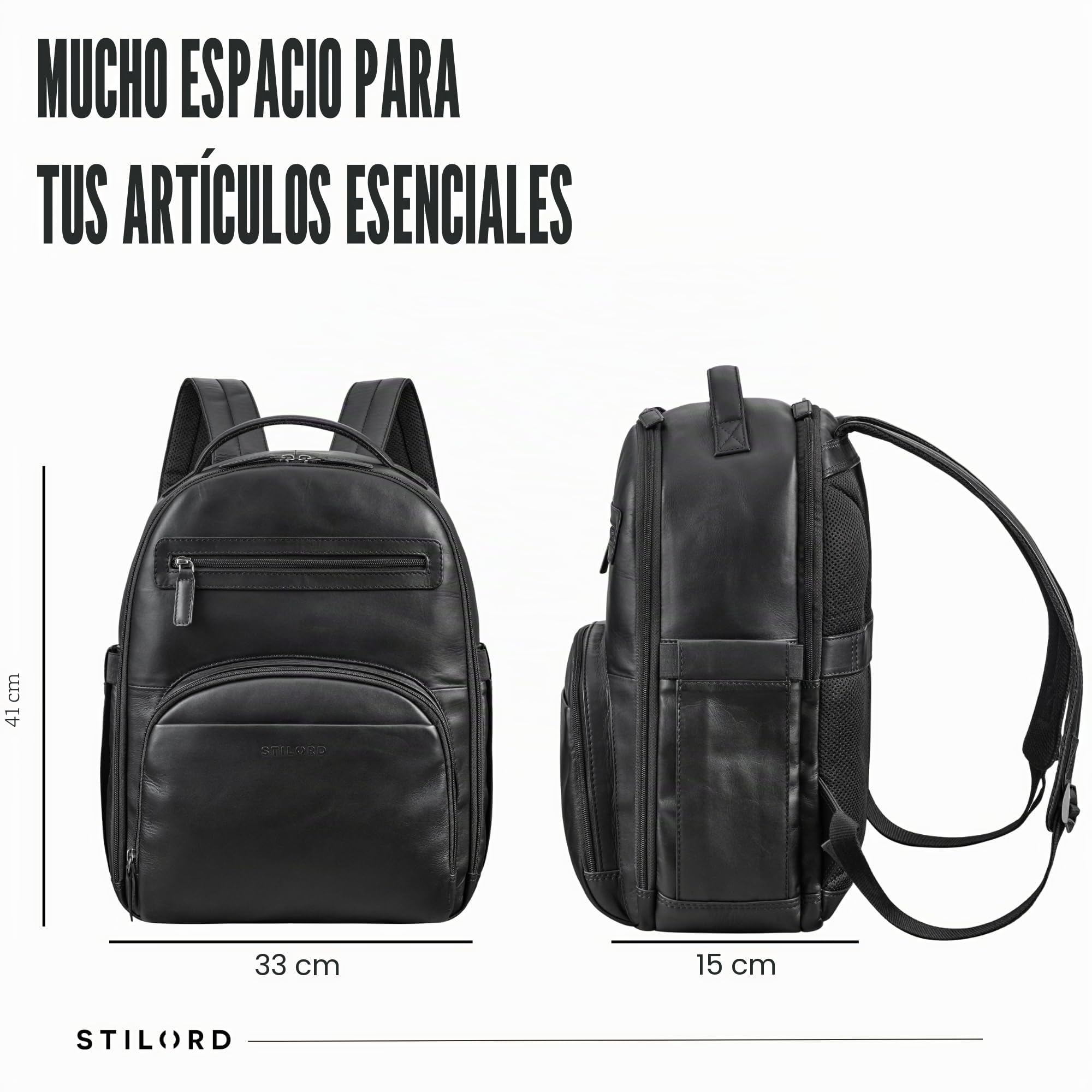 STILORD “Paco” Mochila Hombre Cuero Grande Business | Mochila Trabajo Hombre con Compartimento Portátil 15,6 Pulgadas | Bolso de Viaje Oficina Universidad Color:Negro