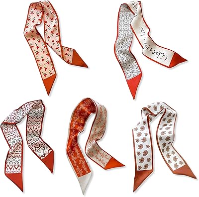 LumiSyne 5 Packs Skinny Silk Scarf Women Girls Fresh Flower Geometric Pattern Satin Narrow Neckerchief Headdress Ribbon Scarf