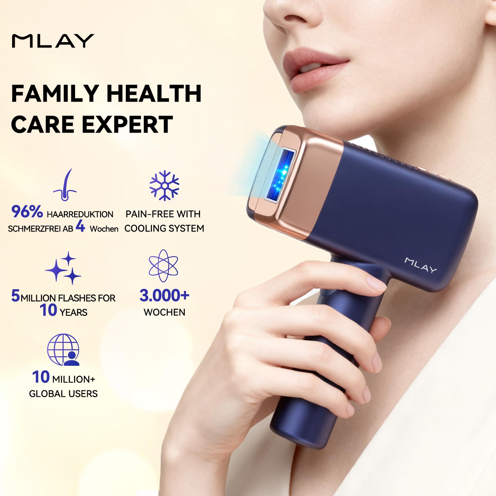 Mlay T14 IPL Epiliergerät – 96,39% Haarreduktion Nach 4 Wochen, 500 Mio. Blitze, Schmerzfrei Mit Kühlsystem (Kein Laser), Für Alle Hauttypen (Blue)