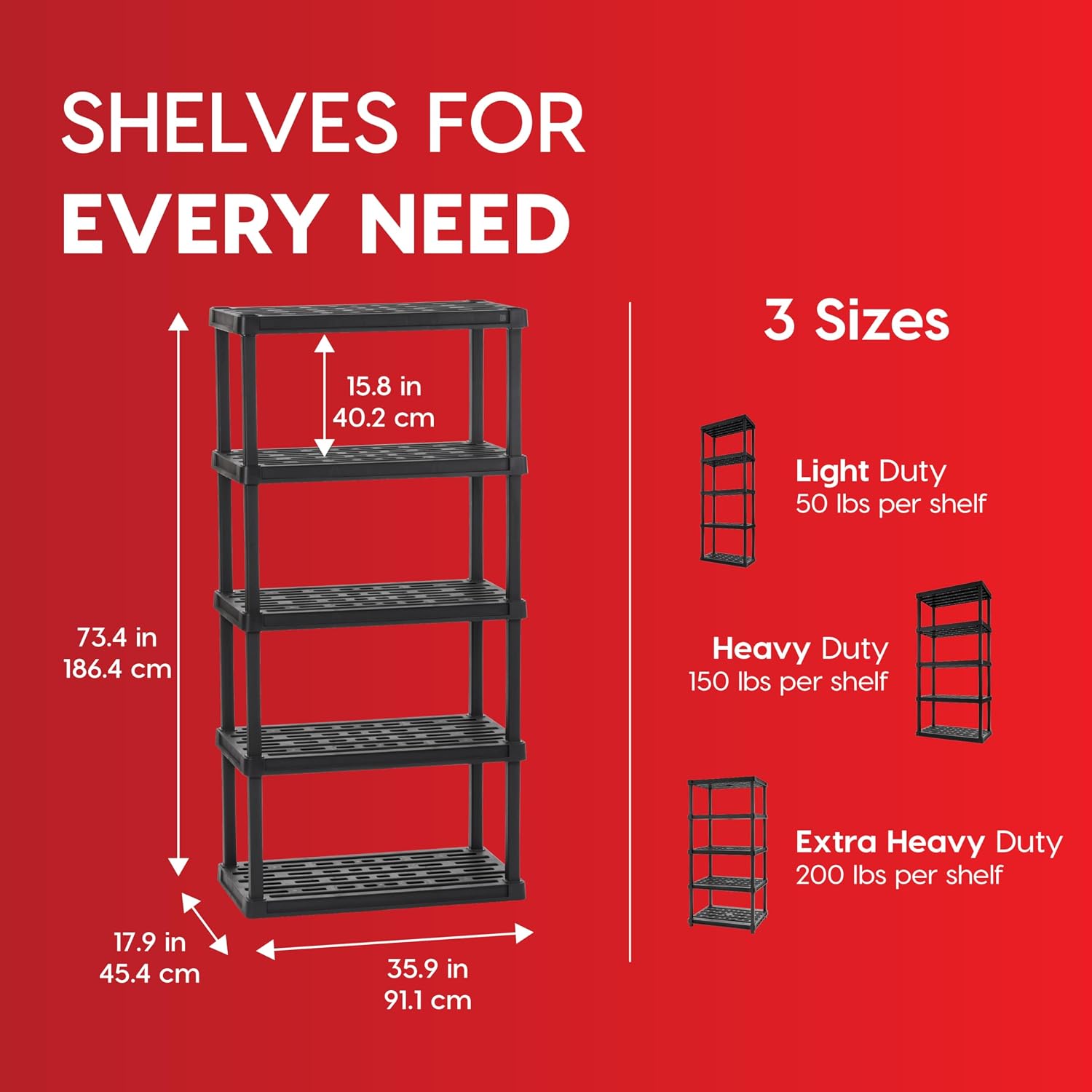 Diagram showing the dimensions and weight capacities of the IRIS USA 5-Tier Plastic Storage Shelf.