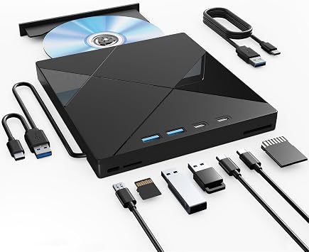 Wbacon 7 in 1 External CD/DVD Drive for Laptop, Portable DVD Player for Laptop with SD/TF Port, External DVD Drive with USB 3.0/Type C, CD Drive USB for PC Windows Linux