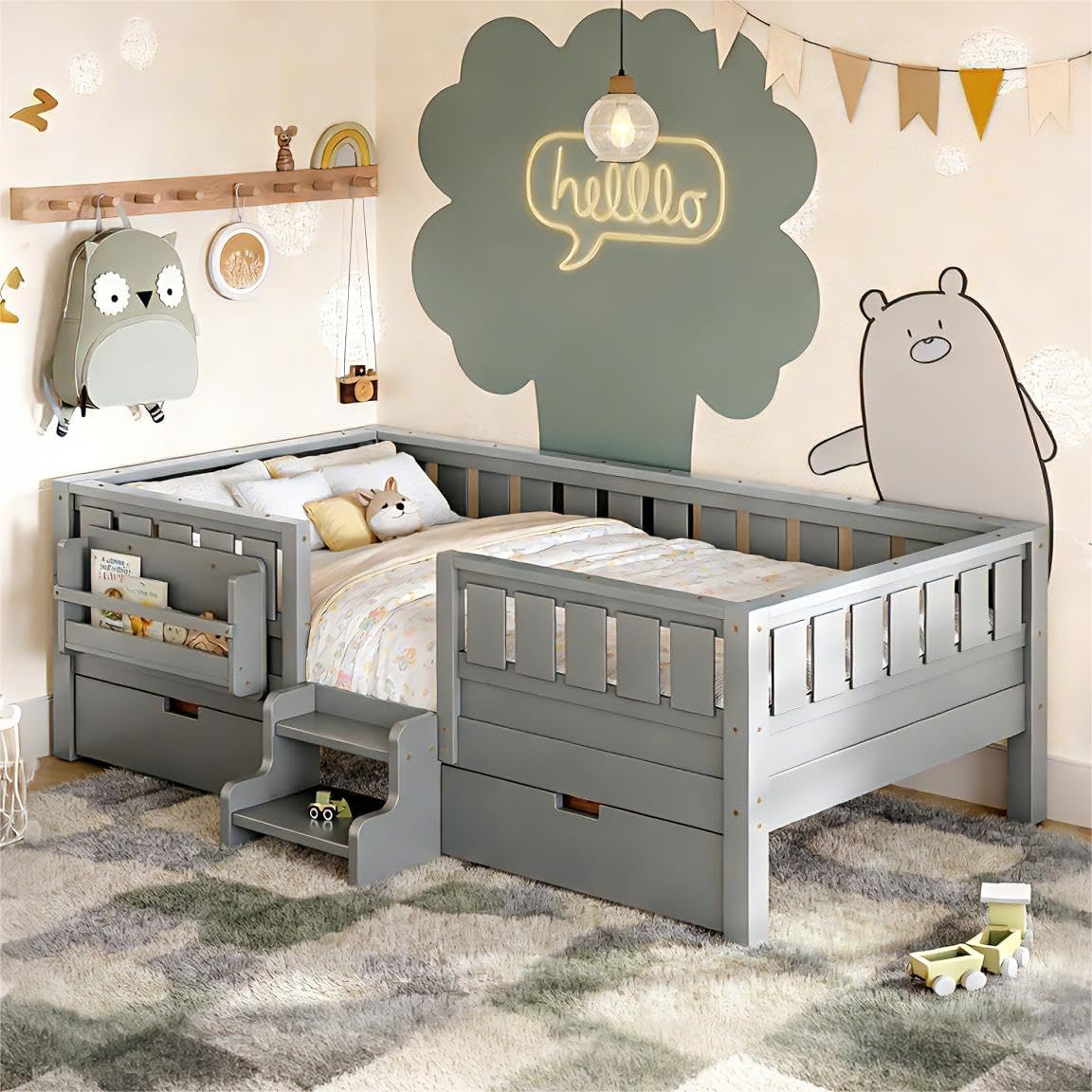 Bellemave Twin Bed with Storage Drawers & Bookshelf, Low Profile Kids Bed Frame with Staircase & Full Length Guardrails, Solid Wood Twin Bed for Kids with Slats Load 300LBS, Easy Assembly, Grey