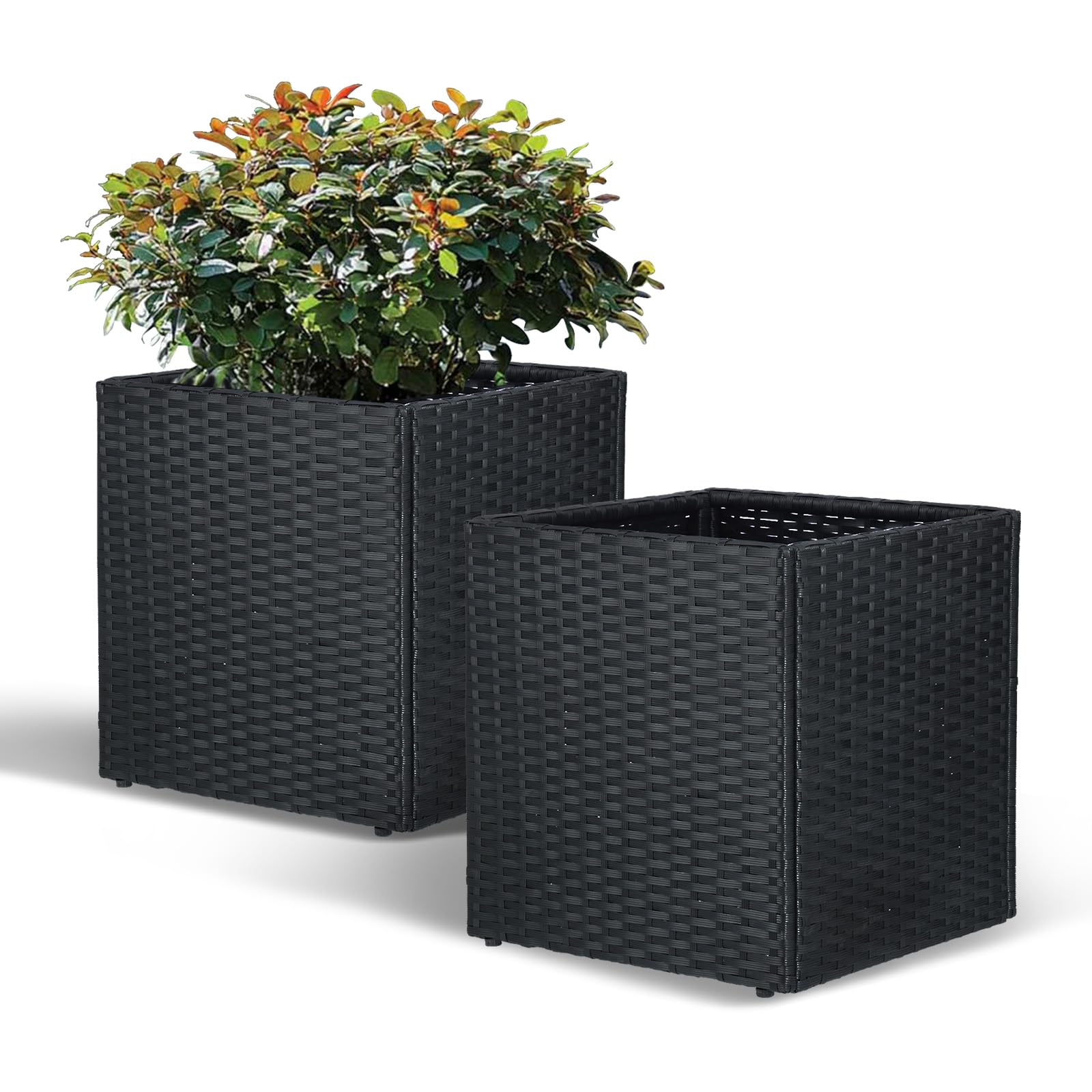 SUNNYPARK Set of 2 Large Square Planter with Removable Liner, All-Weather PE Rattan Modern Planters Indoor Outdoor Flower Plant Pots Garden Box Patio