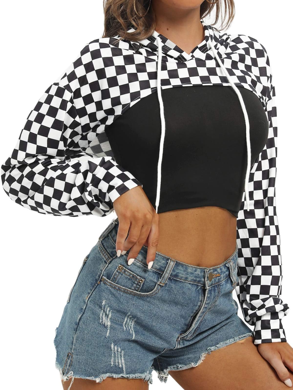 BEJONS Women Long Sleeve Cropped Super Crop Top Hoodies Sweatshirt Aesthetic Punk Hip Hop Dance Sexy Rave Cloth