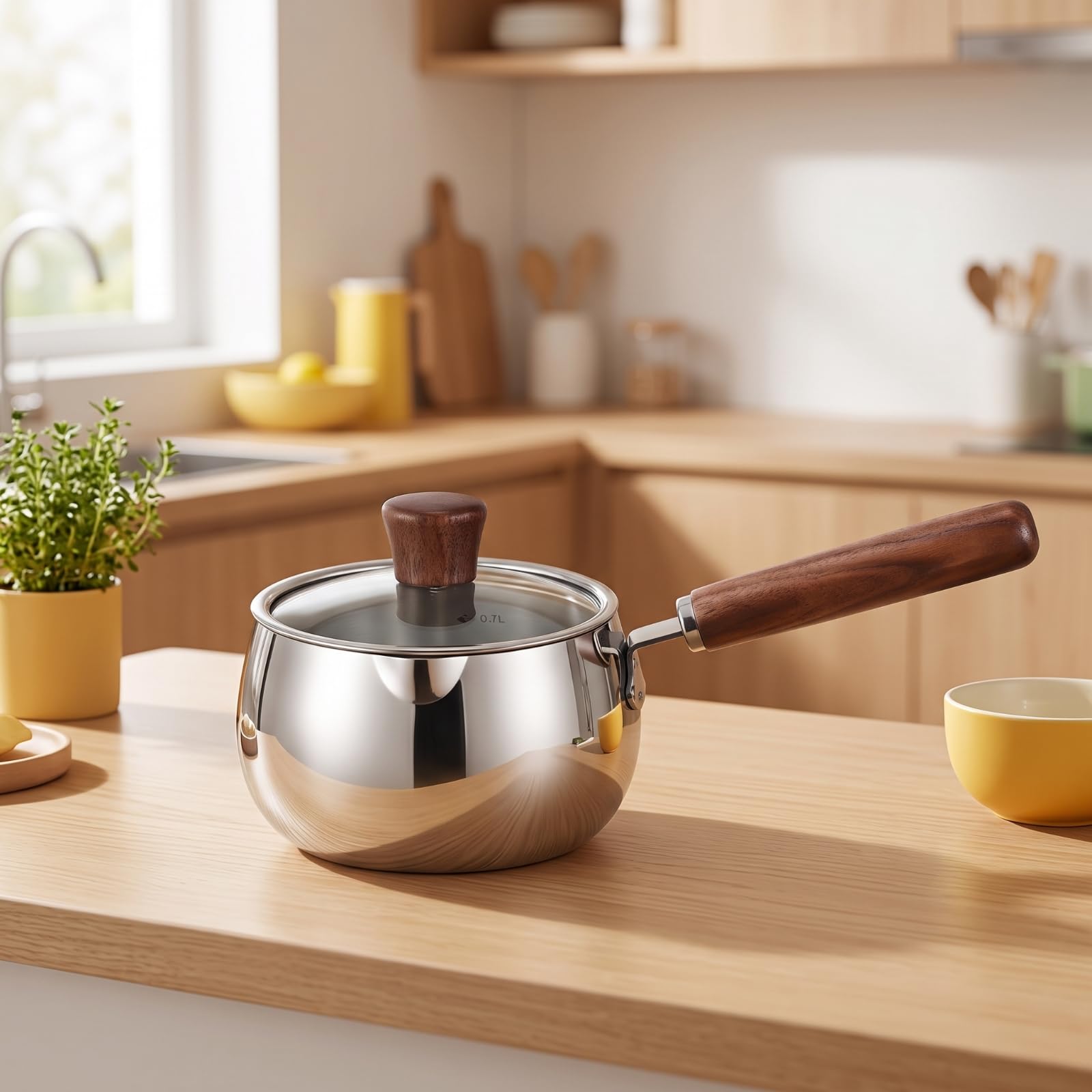 Pentola per Latte Pentolino Padella, 14cm, Manici Doppi In Legno Di Noce, 1200ml, Con Coperchio E Griglia Per Cottura A Vapore