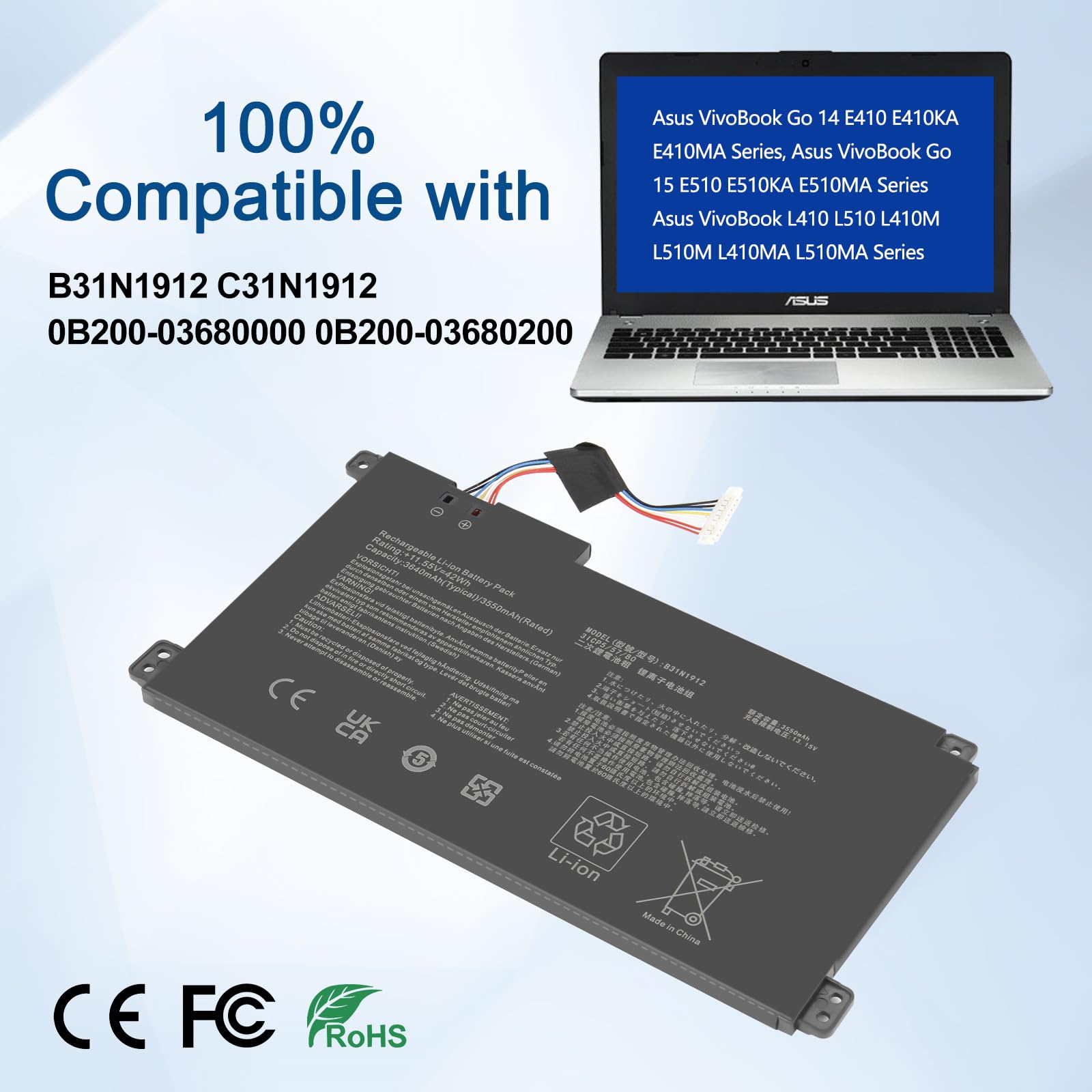 Exmate C31N1912 B31N1912 bateria do Asus VivoBook Go 14 15 E410 E510 L410 L510 E410MA E510KA E510MA L410M L510MA F414MA R522M E410KA-EB1-E 85WS E410KA-EB241WS (11.55V / 42Wh)