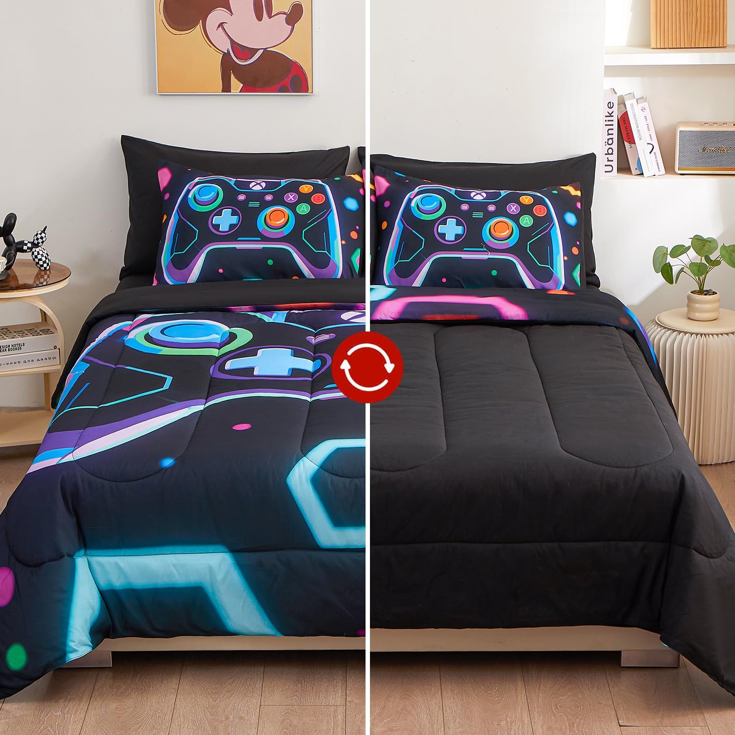 Gaming Comforter Set Queen 7 Piece with Sheets and Sham, Black Gamer Bedding for Kids Teens Boys, Queen Bedding Sets for Boys, Fun Game Bed Set, Cool Gamer Room Decor for Boys Bedroom