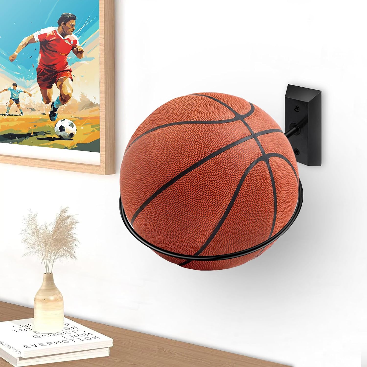 Basketball Holder Wall Mount, 7 Inch Wall Mount Ball Holder with Black Walnut Solid Wood Base & Metal Ring, Sports Storage Stand & Display Rack for Basketball, Football, Soccer Ball, Volleyball