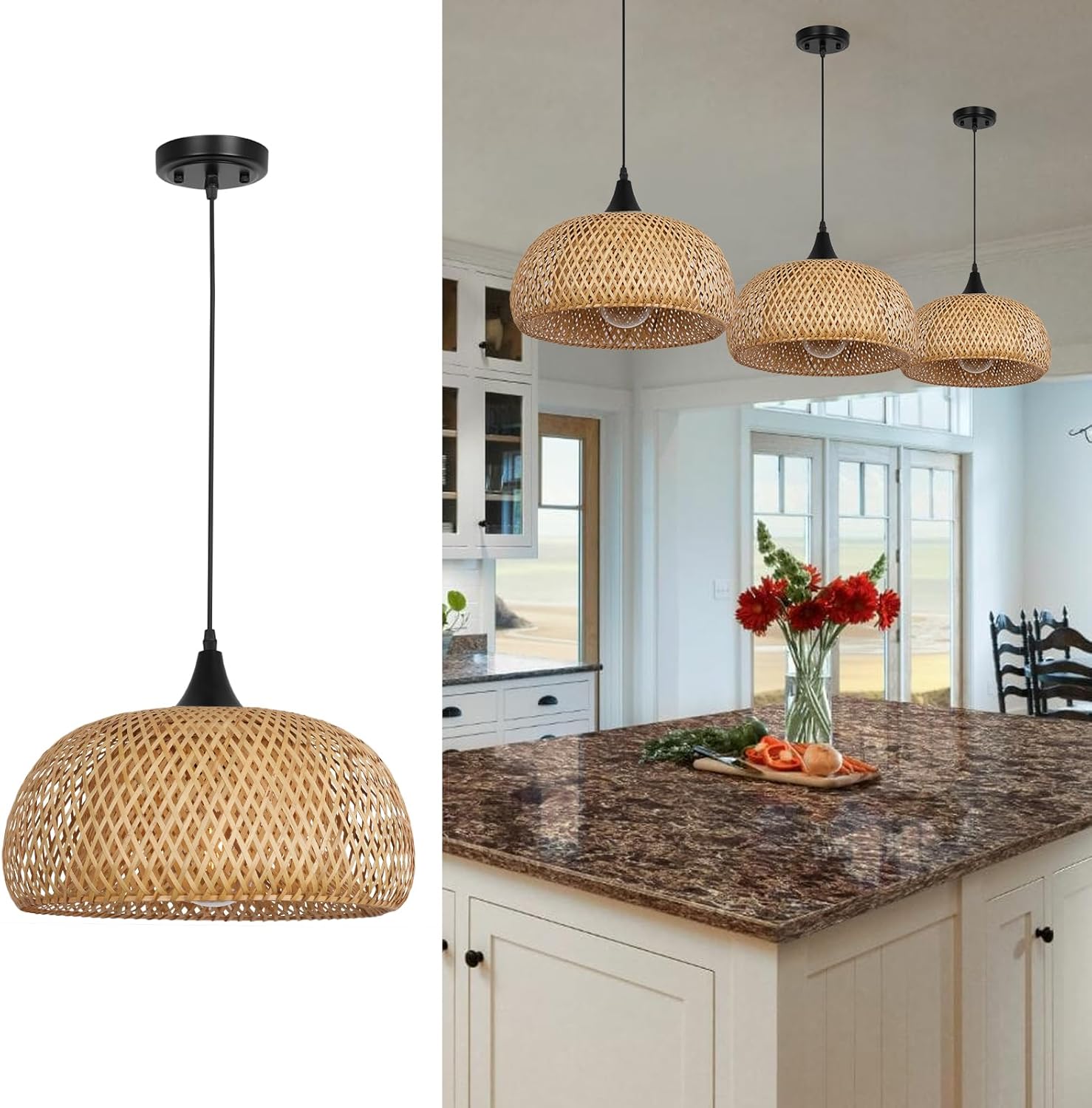 Rustic Farmhouse Bamboo Pendant Light - 18 Inch Large Dome Handwoven Ceiling Mounted Bamboo Chandelier Shades, Coastal Beach Hanging Rattan Light Fixture for Kitchen, Dining, Living Room