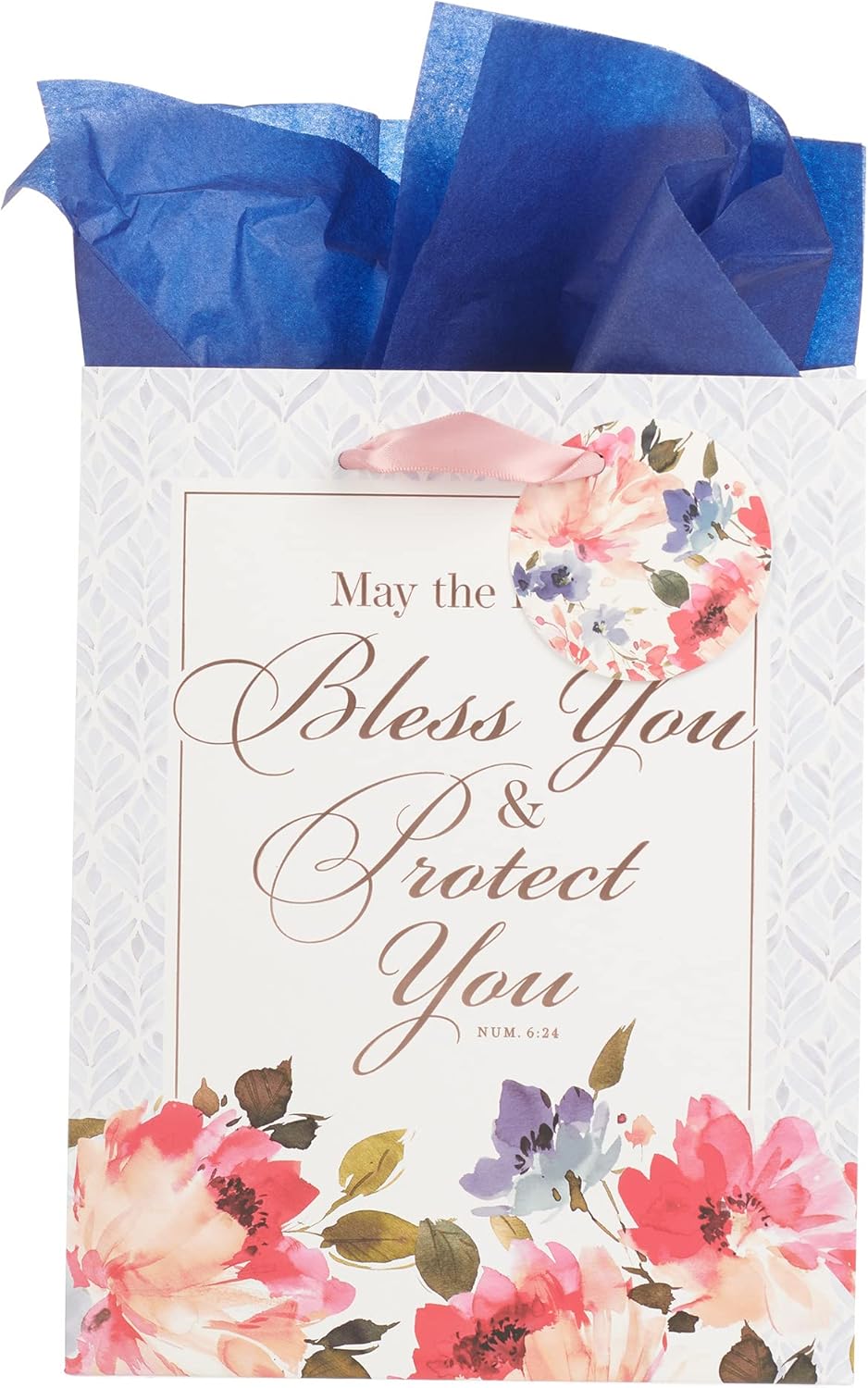 72円 保障 クリスチャンアートギフト ポートレートフローラルギフトバッグ タグティッシュペーパーセット付き 女性用 May The Lord Bless You 数字 6 24 聖書の一節 ライトブルー パープル 明るいピンクリーフィグリーンブーケ ミディアム