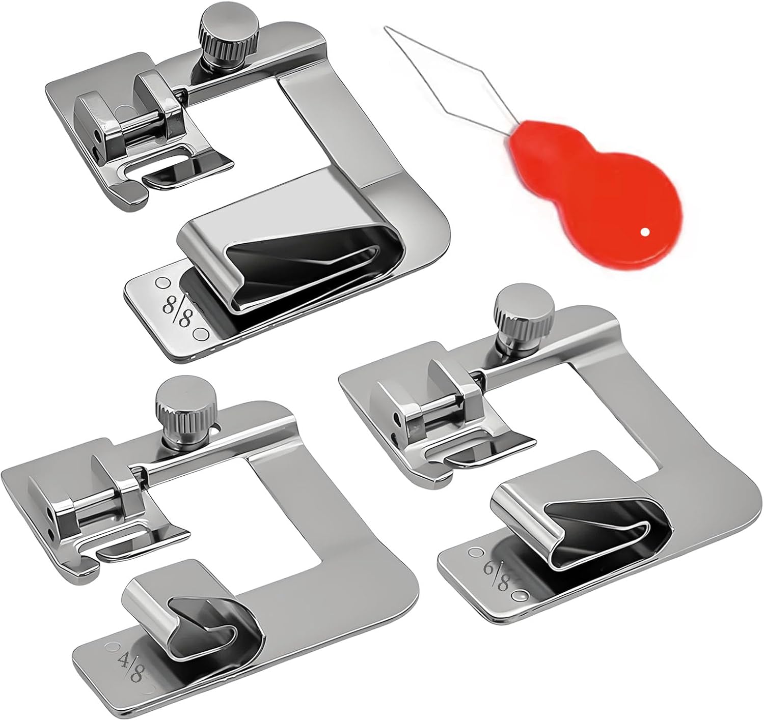 3 Sizes Wide Rolled Hem Pressure Foot with Needle Threaders Sewing Machine Presser Feet Hemmer Foot Set 1/2 Inch, 3/4 Inch, 1 Inch for Low Shank Sewing Machine Brother Singer