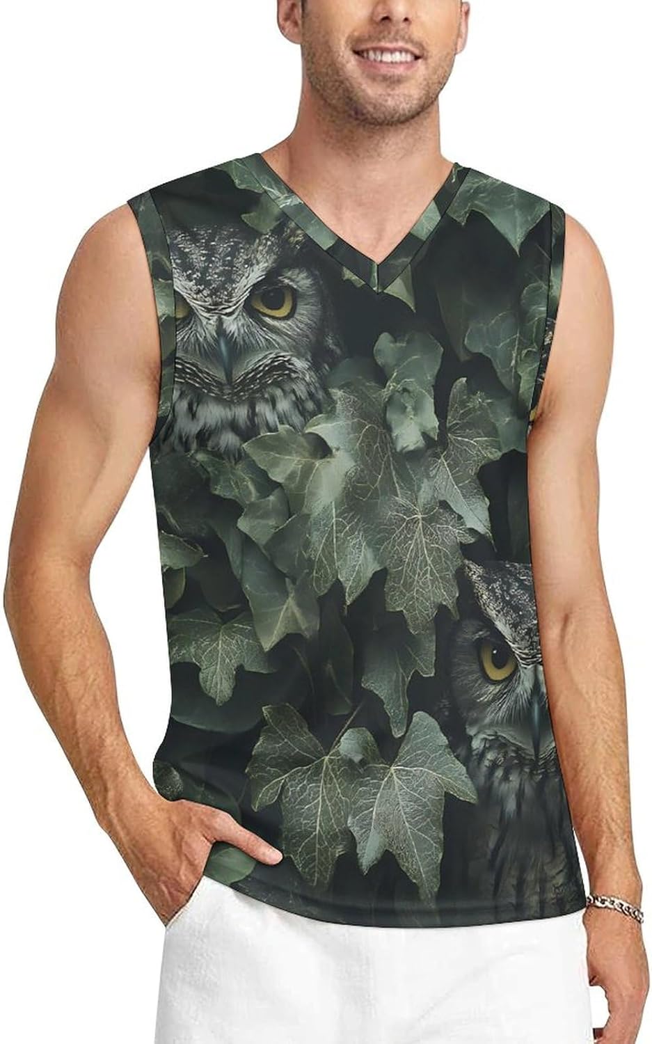 Owl Hiding in The Ivy Men's V-Neck Basketball Tank Top Sleeveless Workout Tank Shirts Gym Fitness Tees Vest