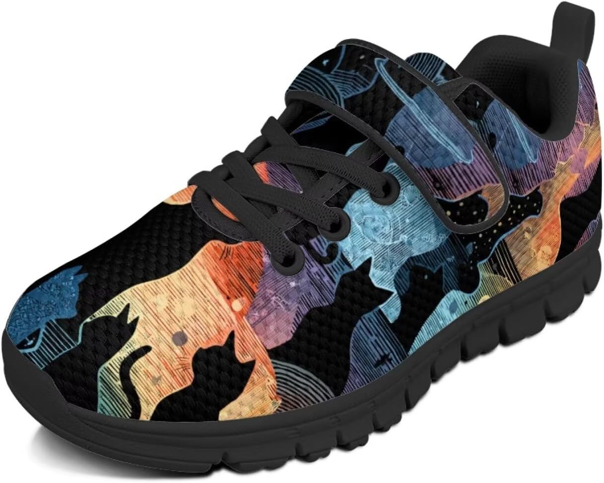 Retro Theme Girls Athletic Shoes with Hook and Loop Cute Print Breathable Mesh Tennis for Little Kid/Big Kid US 10.5-2.5