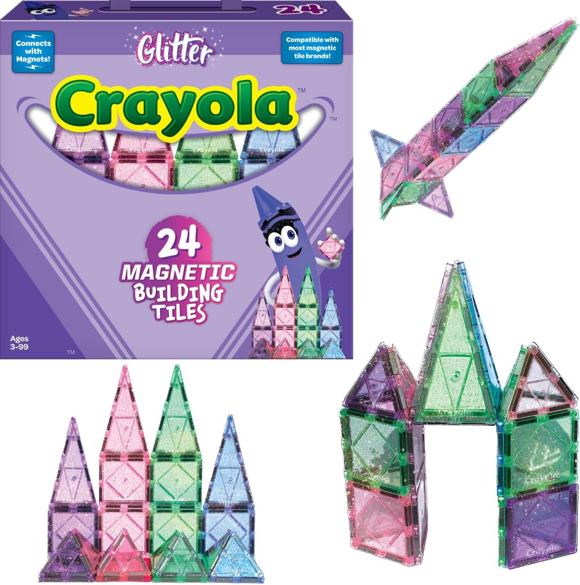 CreateOn Crayola Glitter Magnetic Tiles, Building Set for Kids, Magnetic Tiles, Kids’ Building Toys, STEM & Montessori Toys for Boys and Girls Ages 3+, 24-Piece Set (Glitter)
