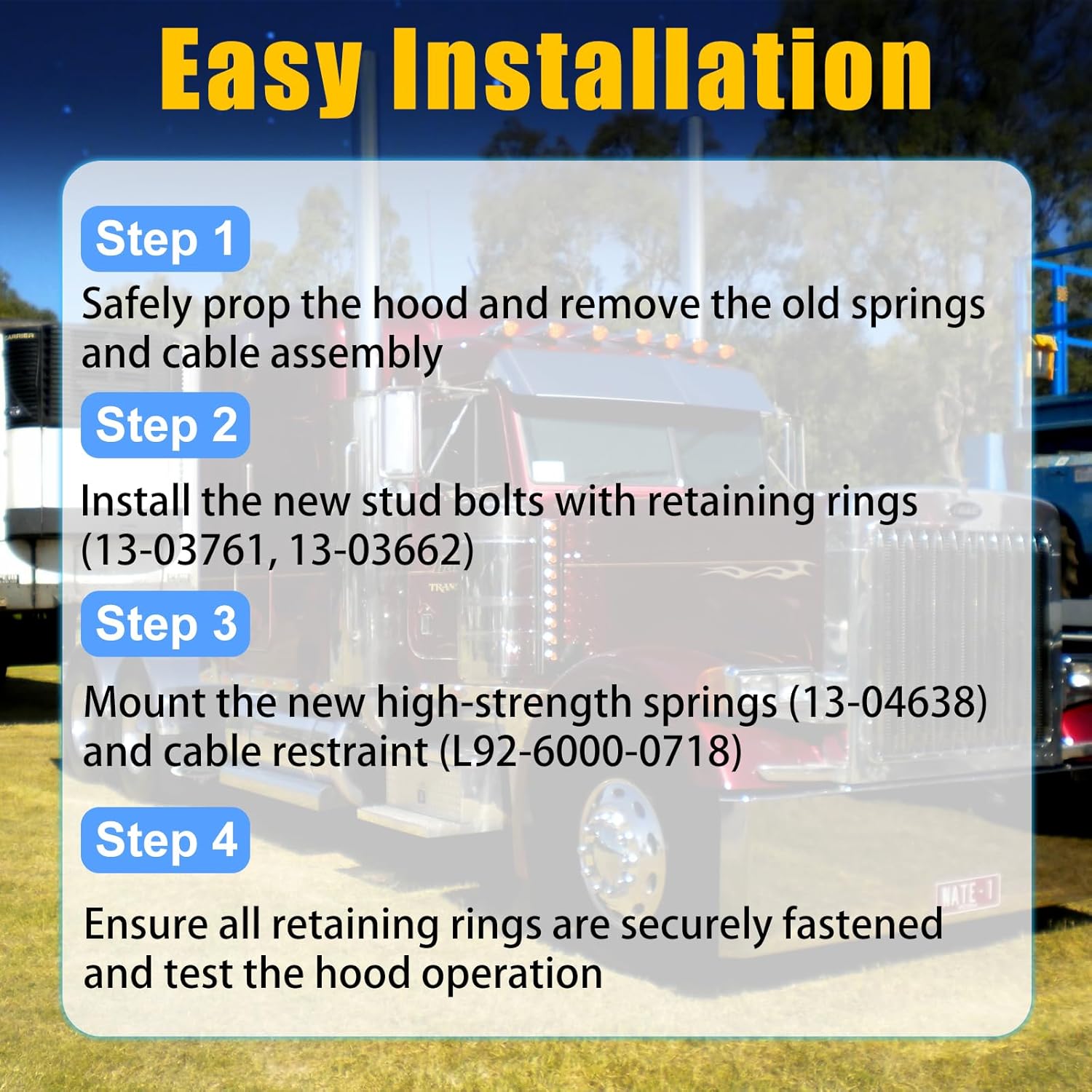 Hood Springs, Cable & Lock Ring Bolts Kit, Compatible with Peterbilt 357 377 379 Trucks, High-Strength Construction, Replace for 13-03761, 13-03662, 13-03663, 13-04638, L92-6000-0718