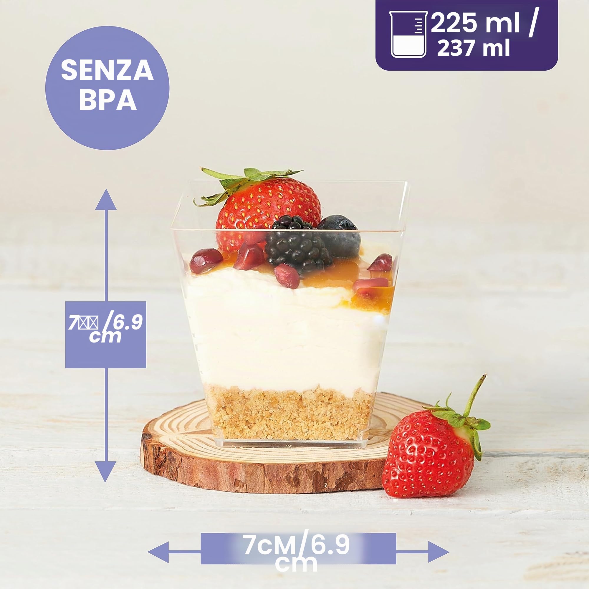 Matana - 48 Bicchieri Monoporzione per Dolci (Quadrati, 225ml) - Coppette per Dessert, Finger Food, Mousse, Budini, Tiramisù - Resistenti e Riutilizzabili - per Feste e Buffet