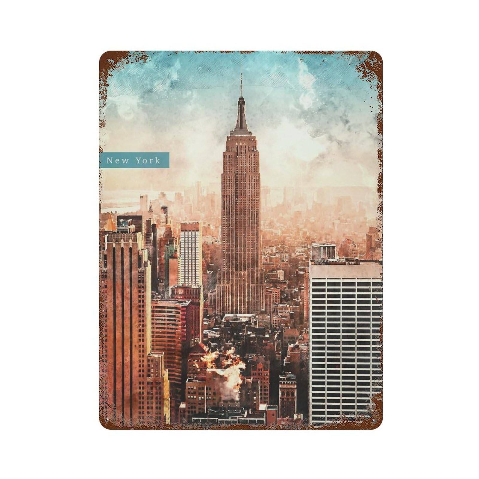Rust Effect Watercolor New York Aged Metal Wall Plaque 15.7"x11.8", Farmhouse Wall Decor for Office, Studio And Wall Decor