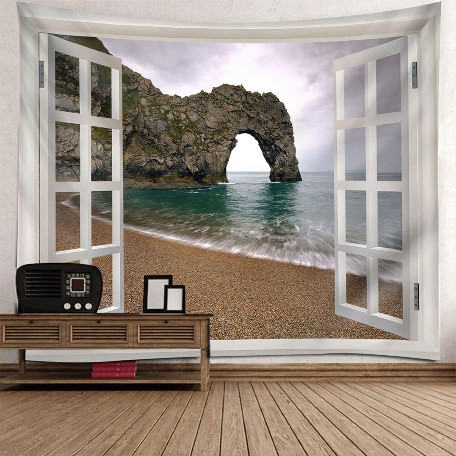 Homxi Wandteppich Schlafzimmer Wanddeko 300 W x 256 H CM, Fenster und Strandlandschaft, Wandtuch Psychedelic Polyester, Weiß Braun
