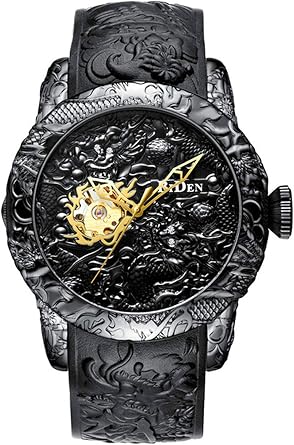 Automatic Watch for Men Fashion 3D Engraved Dragon Waterproof Big Dial Sports Wrist Watch