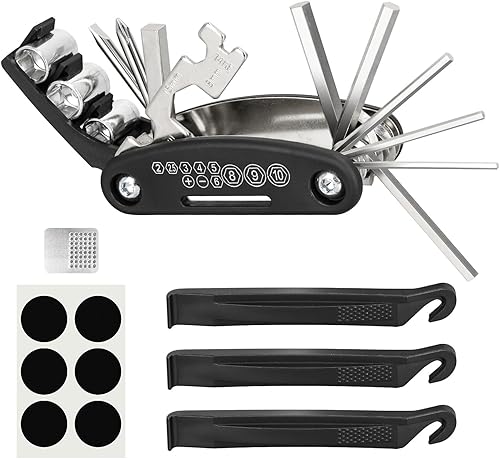 Kit de reparación de bicicletas, kit de herramientas de reparación de neumáticos de bicicleta, incluye multiherramienta 16 en 1, accesorios de
