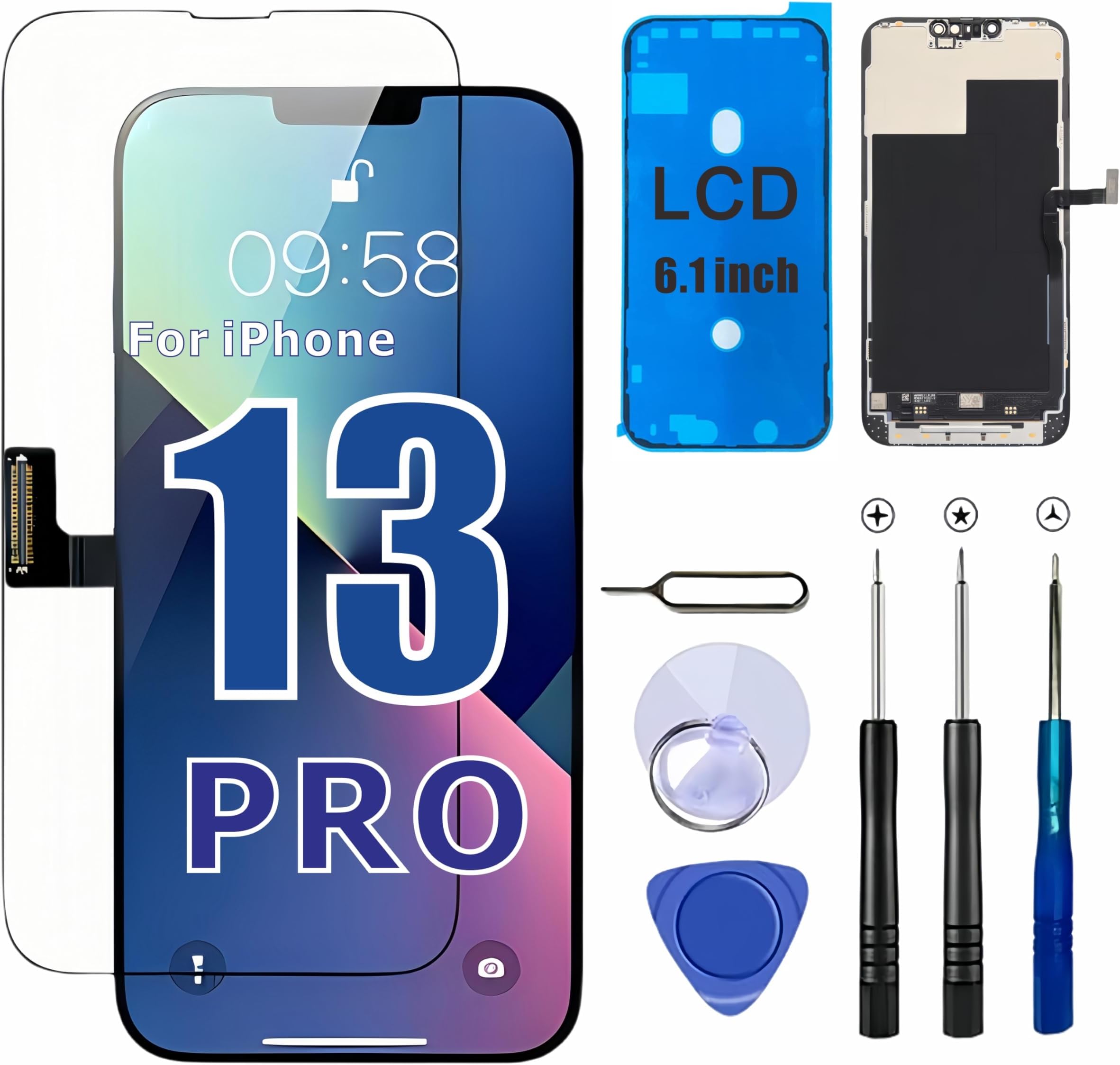 ZTR iPhone 13 Pro Screen Replacement 6.1" LCD COF Display & Touch Digitizer Full Assembly with Repair Tool Kits, 120Hz Promotion Screen Protector (for A2483, A2636,