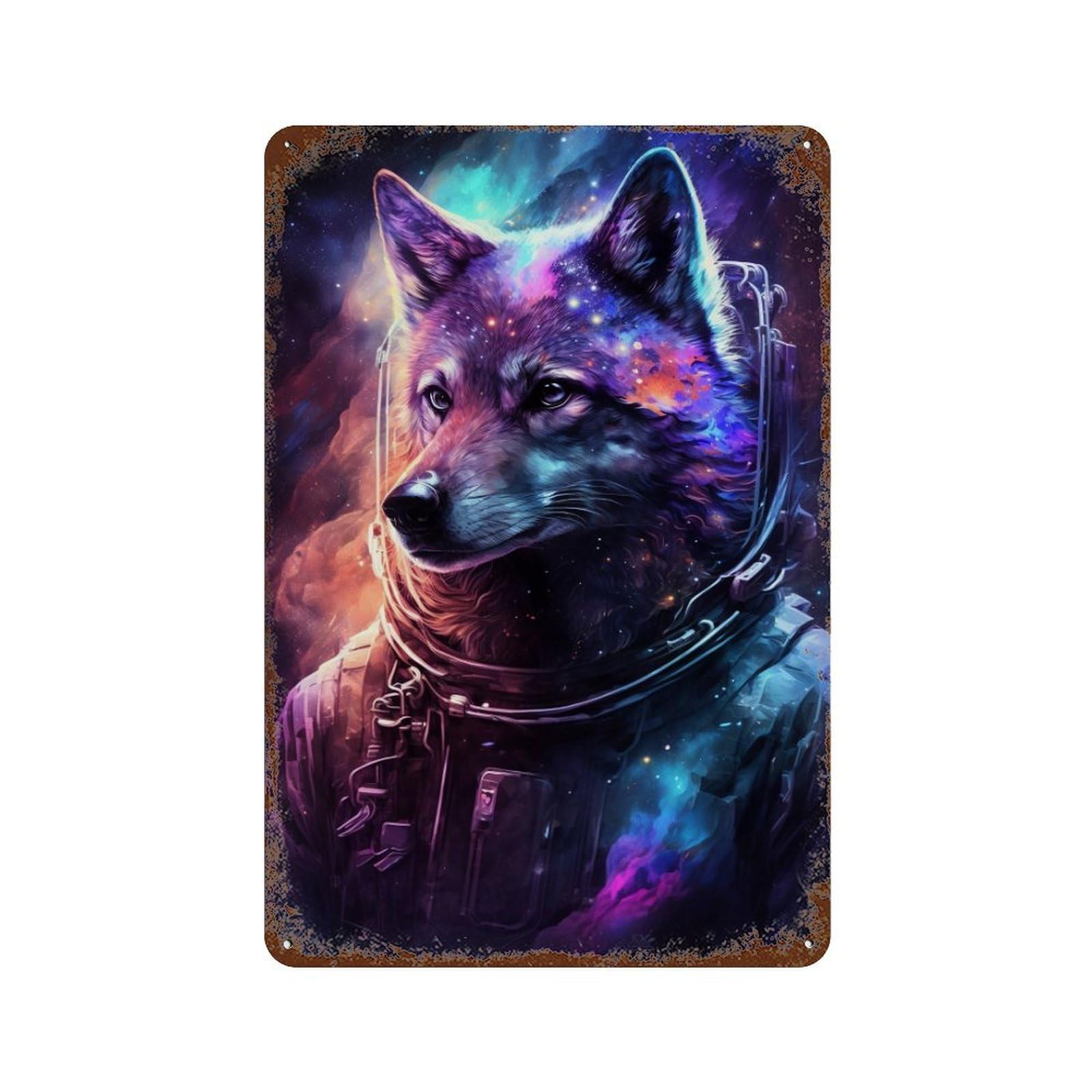 Rust Effect Cosmic Wolf Astronaut Art Print-7 Rustic Tin Plaque 11.8"x7.9", Shabby Chic Decor for Basement, Hobby Room And Garage Decor