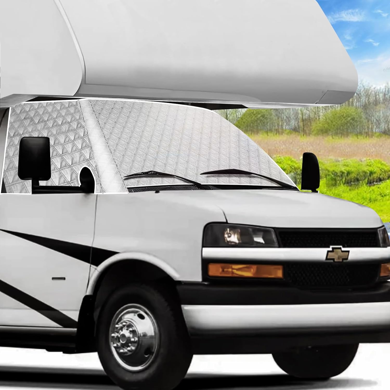 D-Lumina RV Windshield Cover for Chevy 2001-2024 Motorhome, RV Windshield Window Snow Cover for Ice and Snow RV Front Window Sunshade Cover Block UV Ray Heat, RV Accessories with Mirror Cutouts Silver