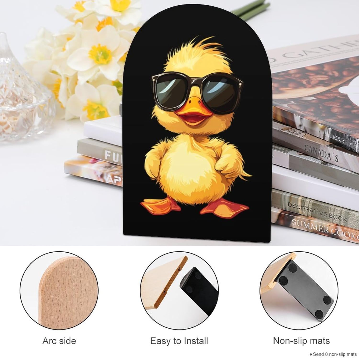Cute Yellow Duck in Glasses Cute Wood Book Ends Decorative Bookends 1 Pair Non-Skid for Shelves Home Office 7 X 5 Inch