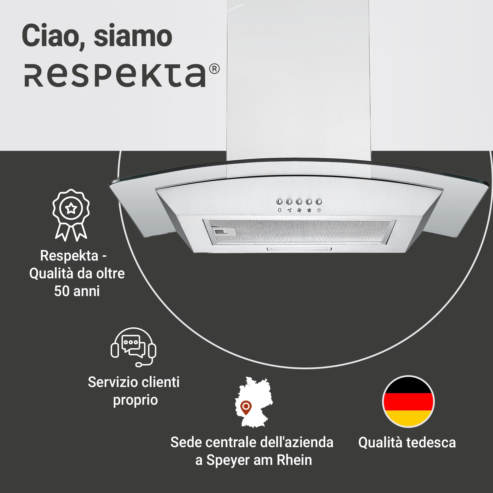 Respekta Cappa aspirante/cappa a parete 60 cm/struttura in acciaio inox con pannello copriluce in vetro/funzione di espulsione e ricircolo dell'aria / CH0160IXB / B / 58-62 dB