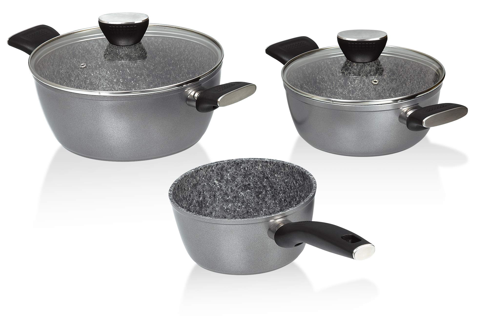 Jata Hogar - Batería de Cocina para Todo Tipo de cocinas. 3 Piezas: cazo de 16 cm, cazuela de 20 cm y cazuela de 24 cm. Antiadherentes. Gran Resistencia al Rayado