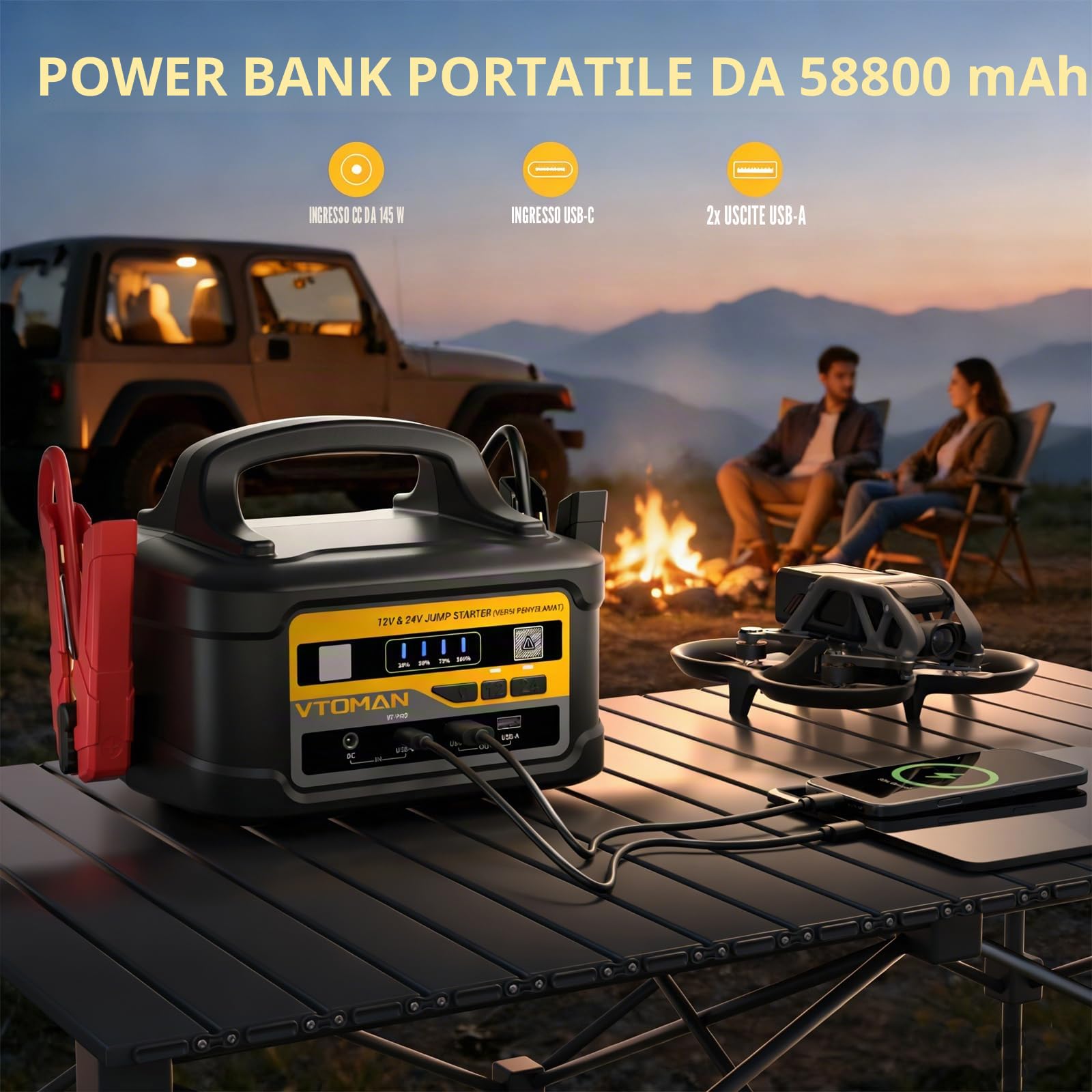 VTOMAN VT-PRO 10000A Power Bank 12V/24V – Batteria Portatile 58800mAh per Auto con Ricarica Rapida 145W, Avviatore per Camion, Camper e Yacht (Compatible con Tutti i Motori a Benzina e Diesel)