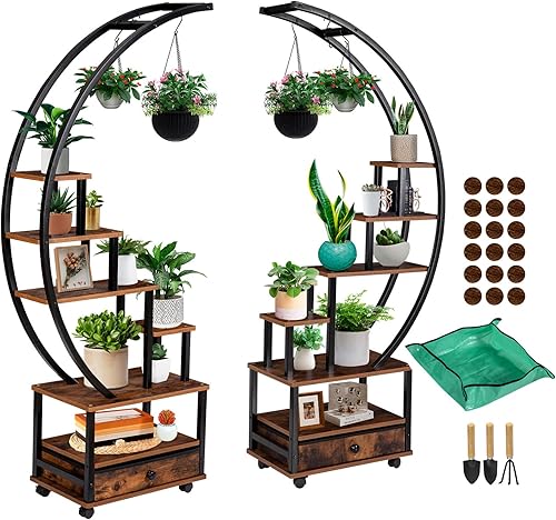 2 soportes para plantas de interior de media luna de 71 pulgadas de alto con ruedas bloqueables, estante para plantas de 14 niveles con cajón y