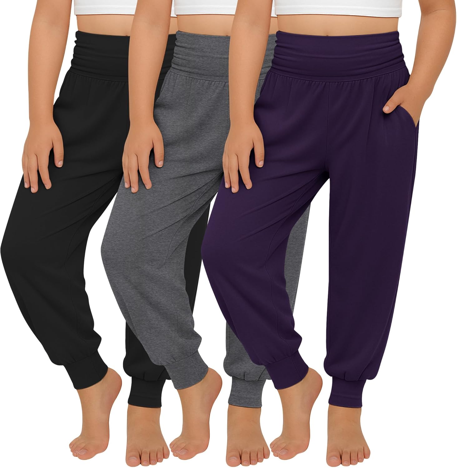3 Pack Girls' Lounge Yoga Pants with Pockets High Waisted Joggers Workout Running S...