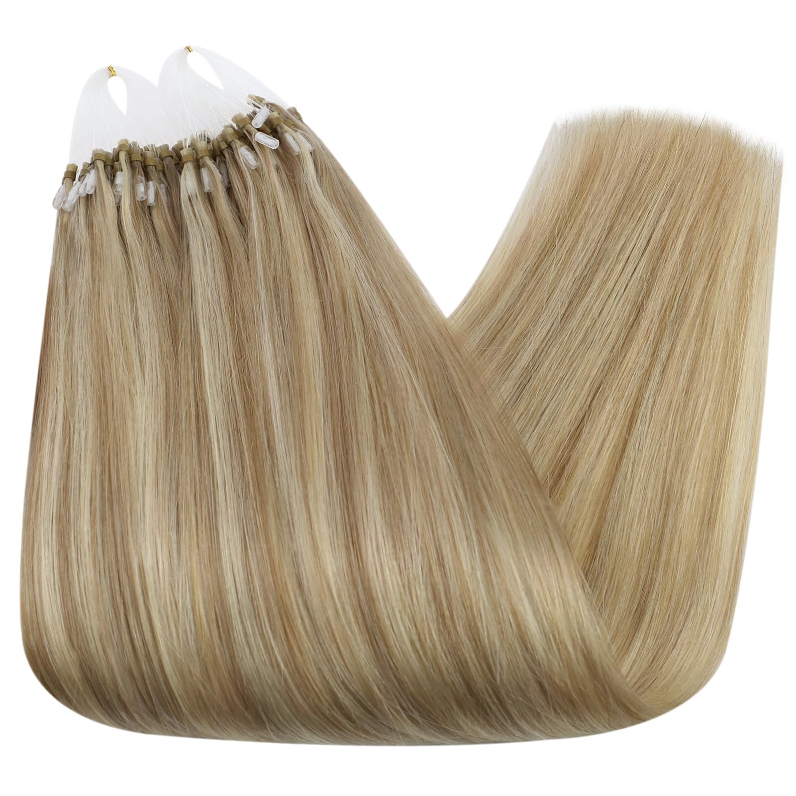 Ugeat Przedłużanie Włosów Mikro Link, Włosy Ludzkie, Pasemka Ciemny Popielaty Blond, 35 cm 50 sztuk 50g, Przedłużanie Włosów Mikro Koralik Złotym Blondem, Remy Proste