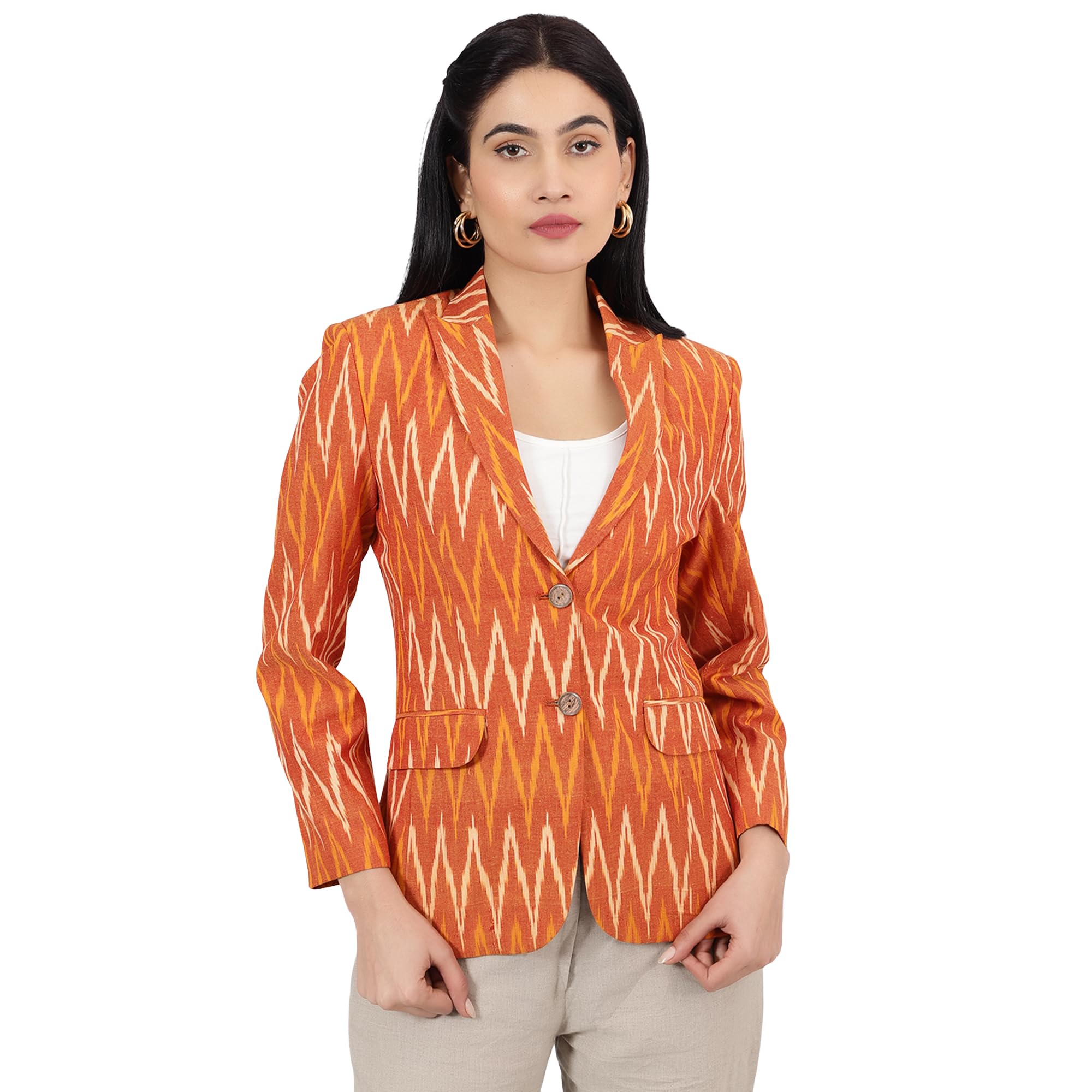 indophilia Womens Ikat Orange Cotton Blazer-picture-21